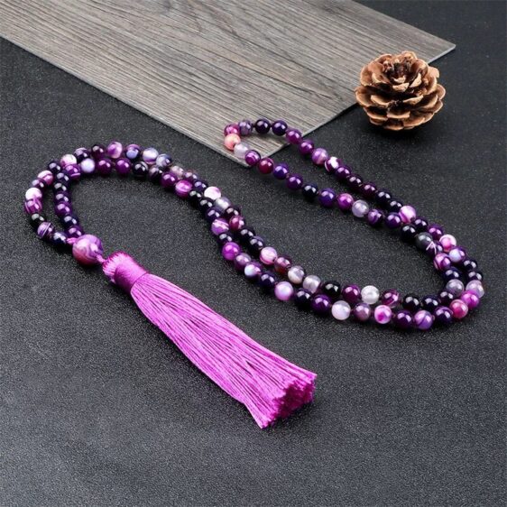 Purple Agates 108 Mala Beads Elastic Knotted Necklace With Tassel - Pendants - Chakra Galaxy