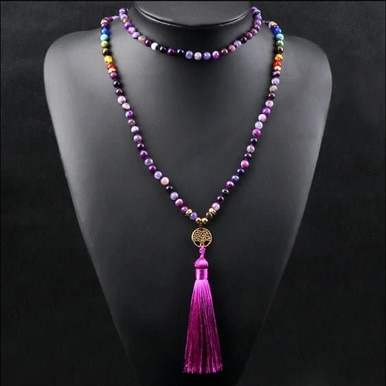 Purple Agates Stone 7 Chakra And Tree Of Life 108 Japamala Beads - Pendants - Chakra Galaxy