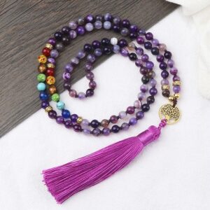 Purple Agates Stone 7 Chakra And Tree Of Life 108 Japamala Beads - Pendants - Chakra Galaxy