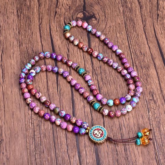 Purple Imperial Jasper OM Symbol 108 Japamala Beads Tibetan Necklace - Pendants - Chakra Galaxy