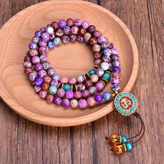 Purple Imperial Jasper OM Symbol 108 Japamala Beads Tibetan Necklace - Pendants - Chakra Galaxy
