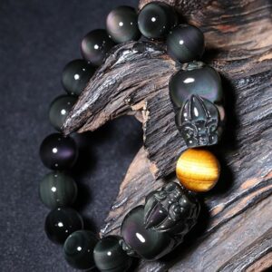 Rainbow Eye Obsidian Stone With Pixiu Lucky Charm Feng Shui Bracelet - Charm Bracelets - Chakra Galaxy