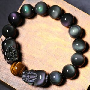 Rainbow Eye Obsidian Stone With Pixiu Lucky Charm Feng Shui Bracelet - Charm Bracelets - Chakra Galaxy