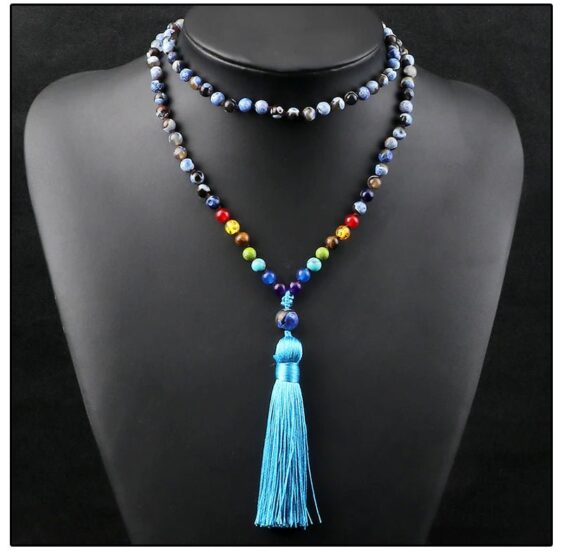 Reiki 7 Chakra Fire Agates 108 Japamala Beads With Tassel Necklace - Pendants - Chakra Galaxy