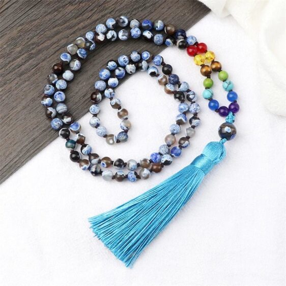 Reiki 7 Chakra Fire Agates 108 Japamala Beads With Tassel Necklace - Pendants - Chakra Galaxy