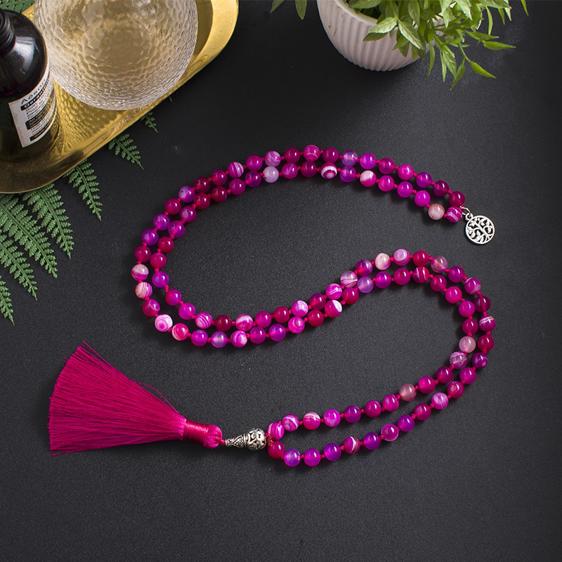 Rose Pink Striped Agate Tree Of Life Charm Knotted Mala Necklace - Pendants - Chakra Galaxy