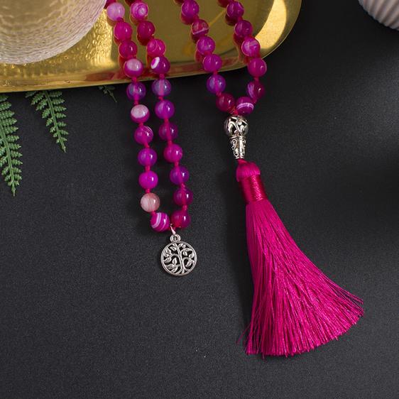 Rose Pink Striped Agate Tree Of Life Charm Knotted Mala Necklace - Pendants - Chakra Galaxy