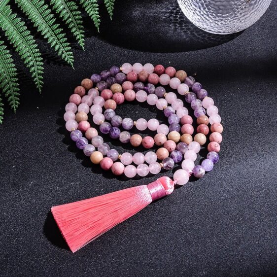 Rose Quartz Amethyst And Rhodolite Combination Japamala Beads - Pendants - Chakra Galaxy