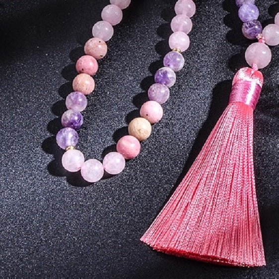 Rose Quartz Amethyst And Rhodolite Combination Japamala Beads - Pendants - Chakra Galaxy