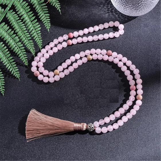 Rose Quartz With Rhodolite Beaded Japamala Necklace With Long Tassel - Pendants - Chakra Galaxy