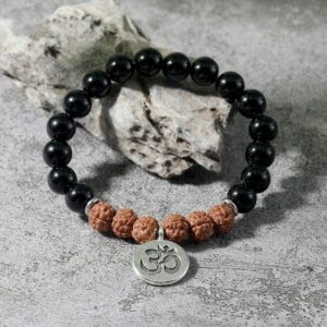 Rudraksha And Black Onyx Beads OM Symbol Pendant Buddha Bracelet - Charm Bracelets - Chakra Galaxy