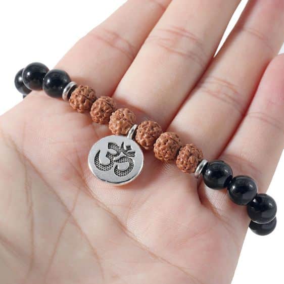 Rudraksha And Black Onyx Beads OM Symbol Pendant Buddha Bracelet - Charm Bracelets - Chakra Galaxy