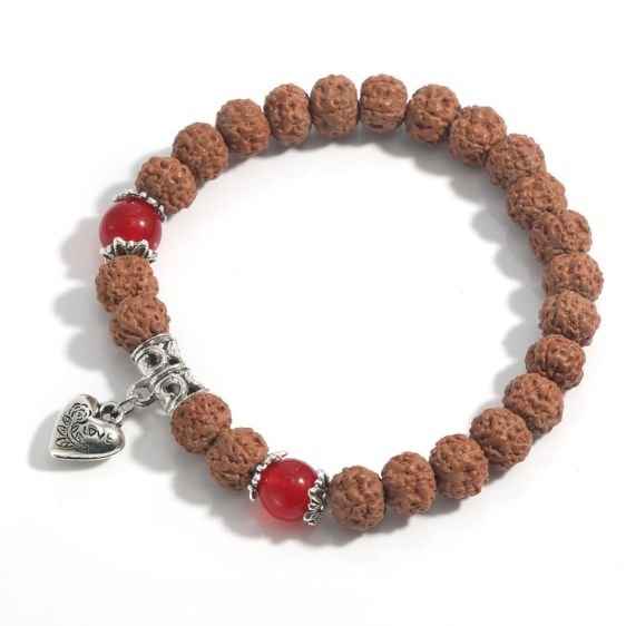 Rudraksha Bodhi Seed Beads With Heart Pendant Prayer Charm Bracelet - Charm Bracelets - Chakra Galaxy