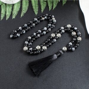 Snowflake Obsidian Frosted Black Agate Beaded Japamala Necklace - Pendants - Chakra Galaxy