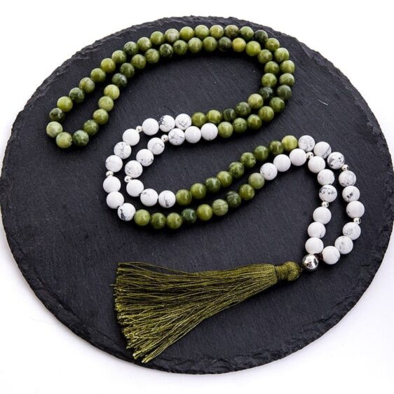 Southern Jade And Howlite Beaded Japamala Tibetan Necklace - Pendants - Chakra Galaxy