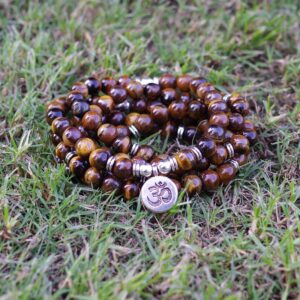 Strand Style 108 Mala Beads Tiger's Eye Stone Tibetan OM Yoga Bracelet 8mm - Charm Bracelet - Chakra Galaxy