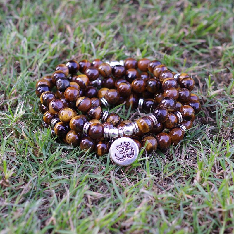 Strand Style 108 Mala Beads Tiger's Eye Stone Tibetan OM Yoga Bracelet 8mm