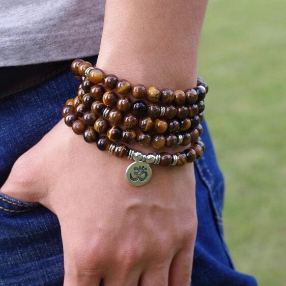 Strand Style 108 Mala Beads Tiger's Eye Stone Tibetan OM Yoga Bracelet 8mm - Charm Bracelet - Chakra Galaxy