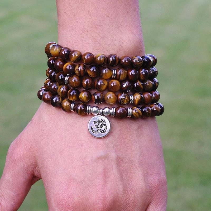 Strand Style 108 Mala Beads Tiger's Eye Stone Tibetan OM Yoga Bracelet 8mm