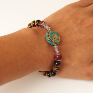 Tiger's Eye Stone OM Scripture Symbol Tibetan Buddha Bracelet - Charm Bracelets - Chakra Galaxy