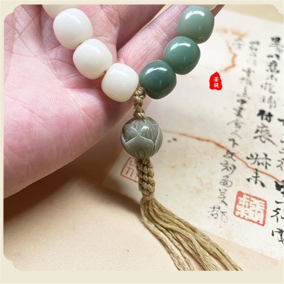 White Green Bodhi Root Beads With Lotus Tassel Meditation Bracelet - Charm Bracelets - Chakra Galaxy