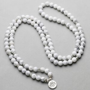 White Howlite Stone with Lotus Charm Necklace 108 Mala Beads - Chakra Necklace - Chakra Galaxy