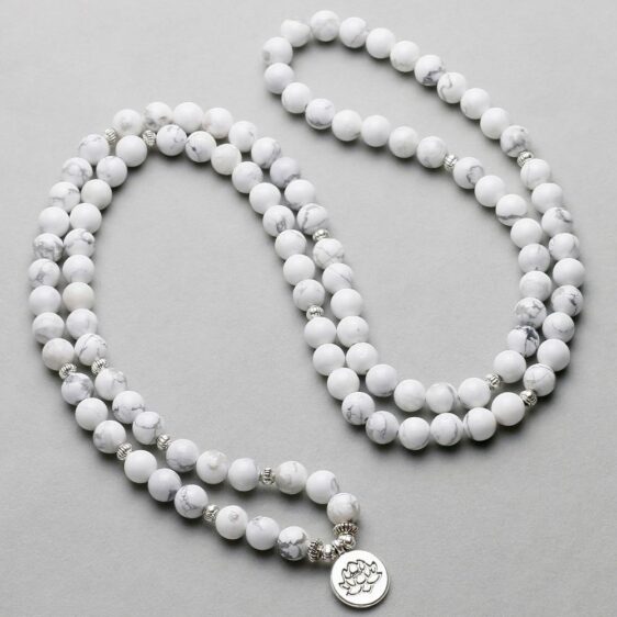 White Howlite Stone with Lotus Charm Necklace 108 Mala Beads - Chakra Necklace - Chakra Galaxy