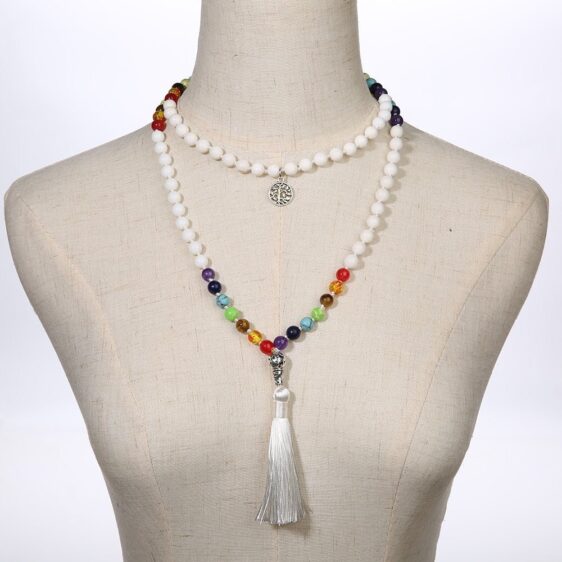 White Howlite With Seven Chakra Beads Tree Of Life Charm Necklace - Pendants - Chakra Galaxy