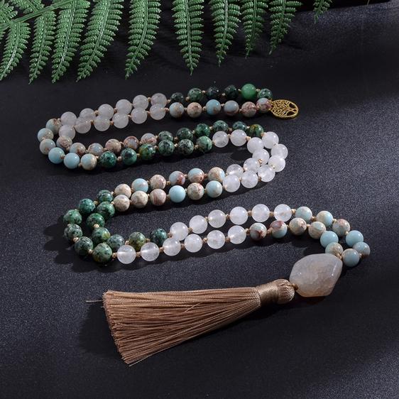 White Jade With African Turquoise Knotted 108 Japamala Beads - Pendants - Chakra Galaxy