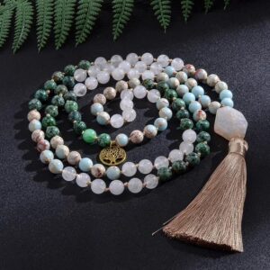 White Jade With African Turquoise Knotted 108 Japamala Beads - Pendants - Chakra Galaxy