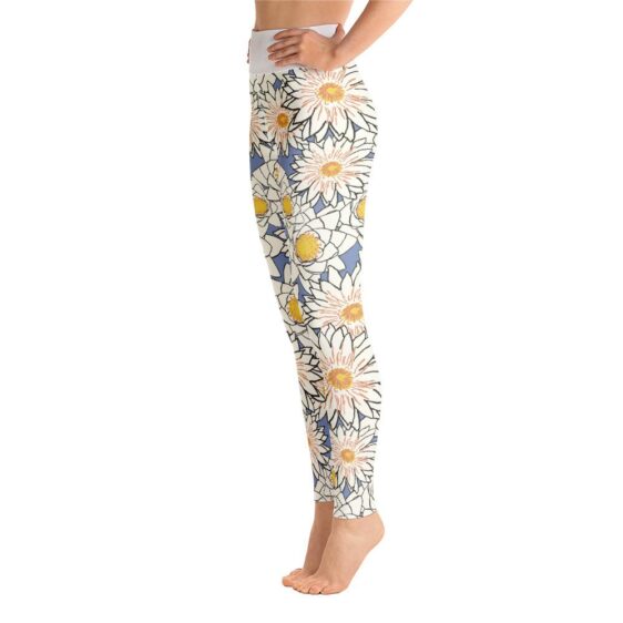 White Lotus High Waist Flower Pattern Yoga Pants Leggings - Yoga Leggings - Chakra Galaxy