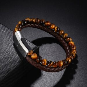 Yellow Tiger's Eye Stone Beads With Leather Two-Layered Bracelet - Charm Bracelets - Chakra Galaxy