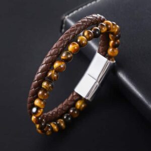 Yellow Tiger's Eye Stone Beads With Leather Two-Layered Bracelet - Charm Bracelets - Chakra Galaxy