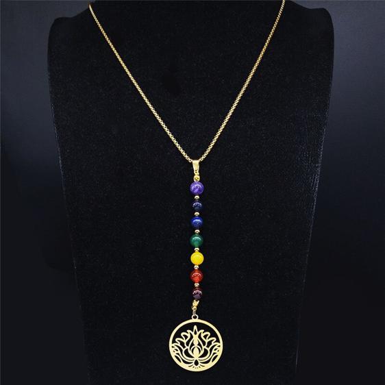 Yoga Lotus Charm 7 Chakra Beads Long Pendant Necklace - Pendants - Chakra Galaxy