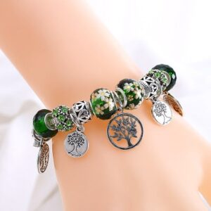 Green Crystal With Flower Inlay Women's Tree of Life Bracelet