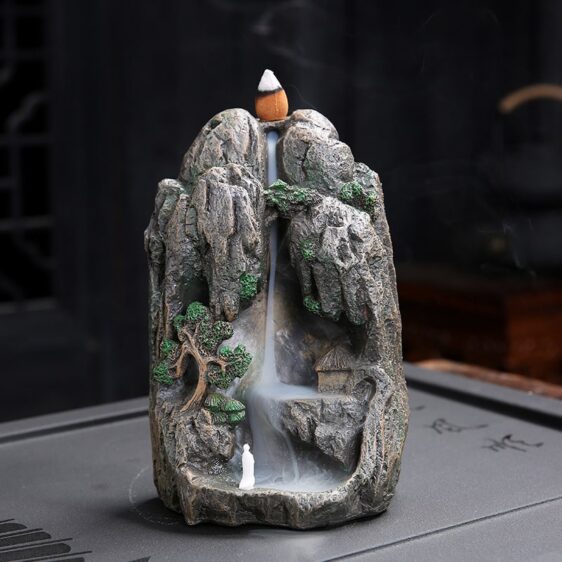 Meditating Monk Rocky Mountain Zen Waterfall Backflow Incense Burner