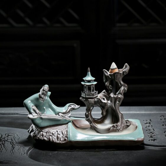 Traditional Playing Chinese Poet Figurine Backflow Incense Burner
