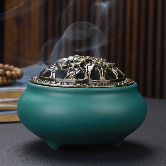 Copper Floral Design Lid Ceramic Incense Burner Holder