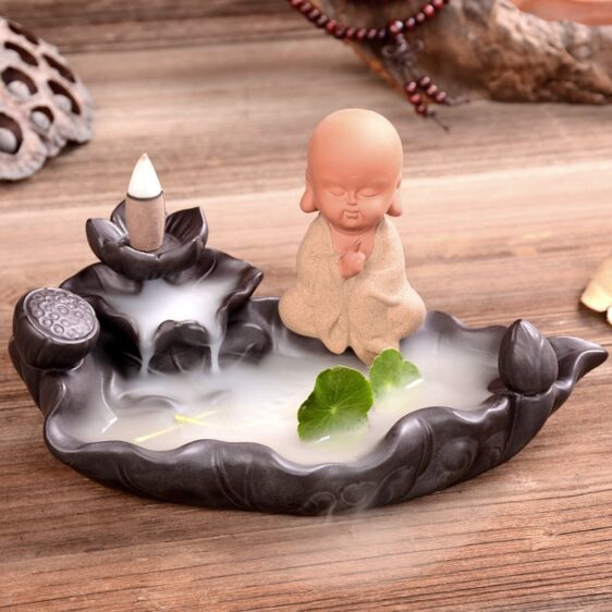 Meditating Little Buddhist Monk Lotus Pond Zen Incense Burner