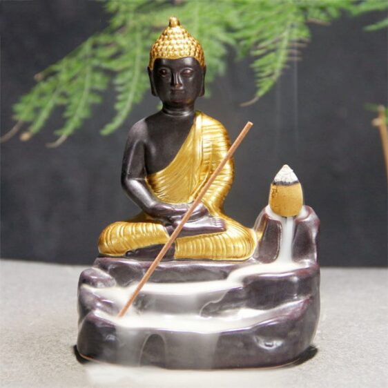 Meditating Golden Zen Buddha Waterfall Backflow Incense Burner