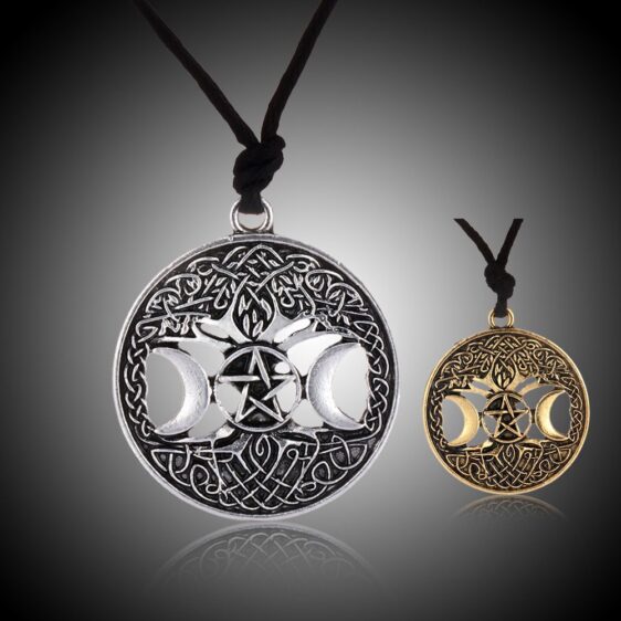Gold Silver Triple Moon Symbol Tree of Life Pendant Necklace