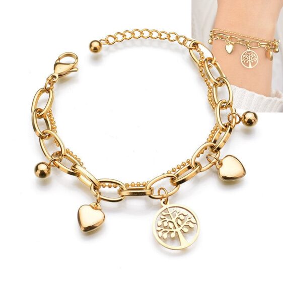 Beautiful Gold Love Heart Charm Women's Tree of Life Bracelet