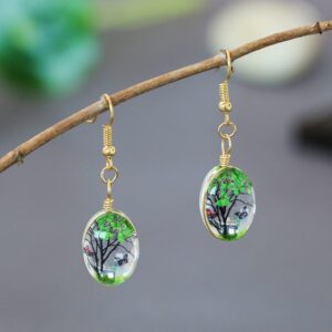 Natural Dried Colorful Tree Of Life With Butterfly Glass Earrings