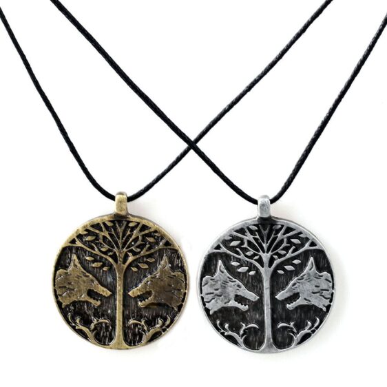Gold Silver Couple Wolves Celtic Tree of Life Pendant