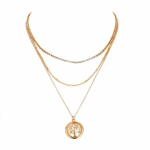 Gold Micro Crystal Tree of Life Symbol Triple Chain Necklace
