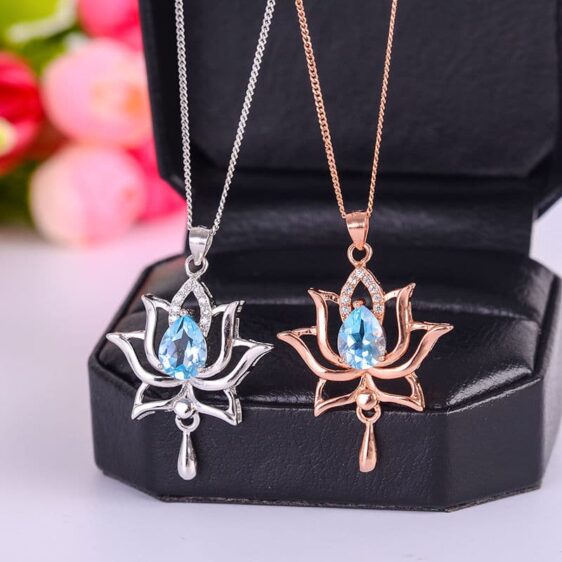 Elegant Blue Crystal Spiritual Enlightenment Lotus Flower Necklace