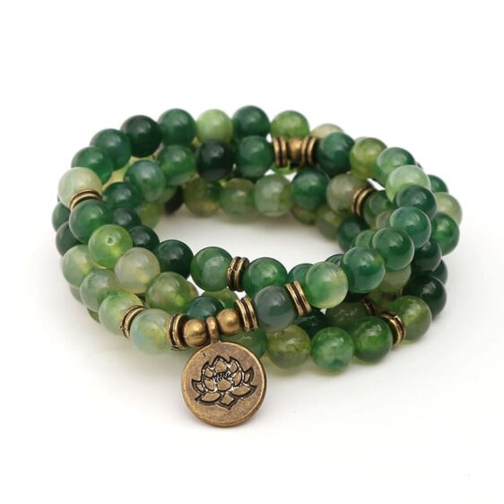 Green Agate 108 Mala Prayer Beads Lotus Flower Buddhism Symbol Bracelet