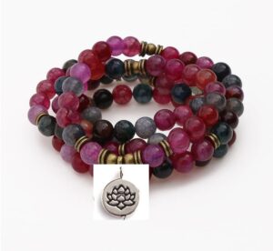 Tourmaline Agate Mala Beads Lotus Flower Buddhism Symbol Bracelet