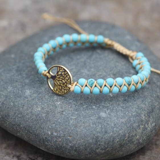 Braided Turquoise Stone Beads Gold Tree of Life Symbol Bracelet