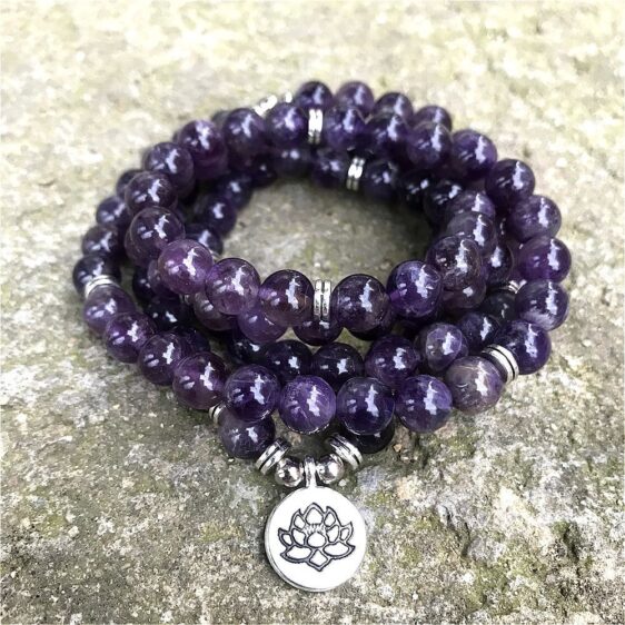 Beautiful Purple Amethyst 108 Mala Beads Lotus Flower Hindu Symbol Bracelet